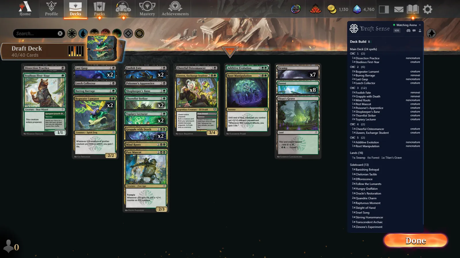 Draft Sense's deck-build view after a draft: the recommended main deck grouped by mana value, the mana base, and a suggested sideboard, shown beside the drafted pool in Magic: The Gathering Arena