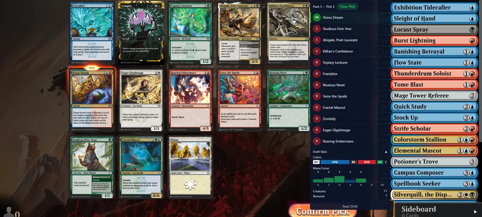 Draft Sense recommending a pick during a live Magic: The Gathering Arena draft — the pack, the ranked recommendation, and the running deck with color and curve stats