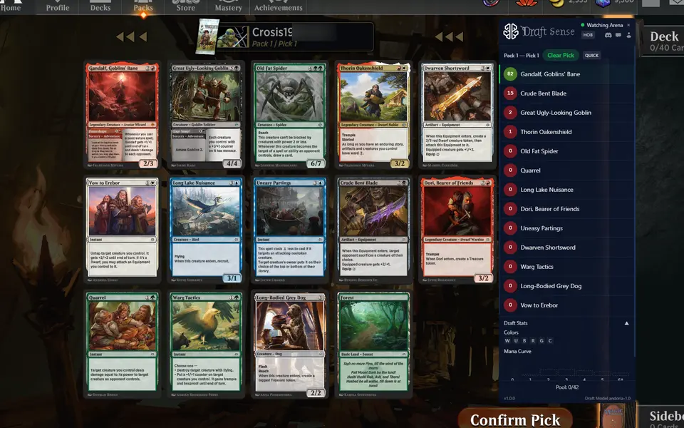 Pack 1, pick 1 of a Hobbit draft: the full pack beside the Draft Sense panel ranking every card