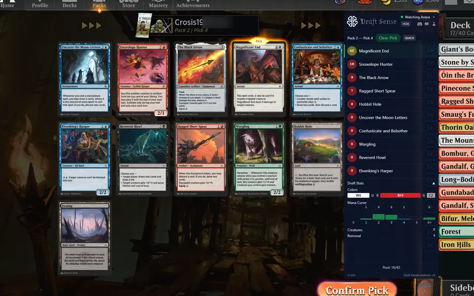 Pack 2, pick 4: the overlay's ranked list next to a half-drafted red-white pool