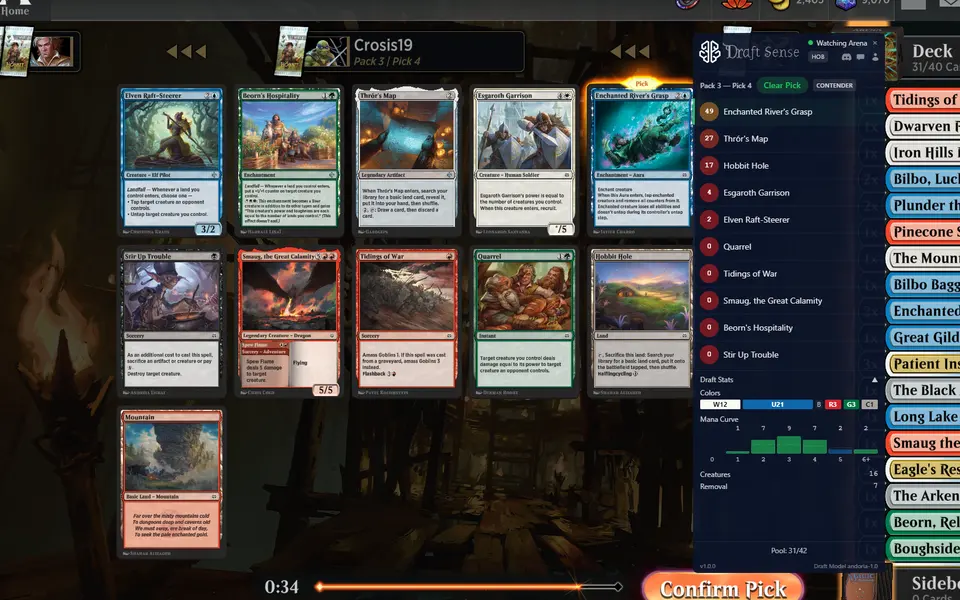 Pack 3, pick 4 of a Contender Draft with the Draft Stats panel showing colors and mana curve