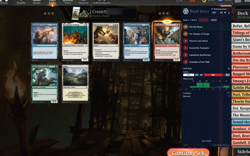 Pack 3, pick 8 late in a draft, the overlay scoring the remaining cards