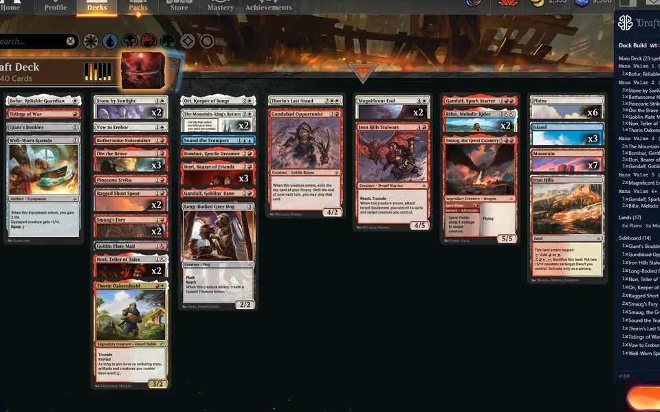 Arena's deck builder after the draft, with Draft Sense's suggested 40-card build in its panel