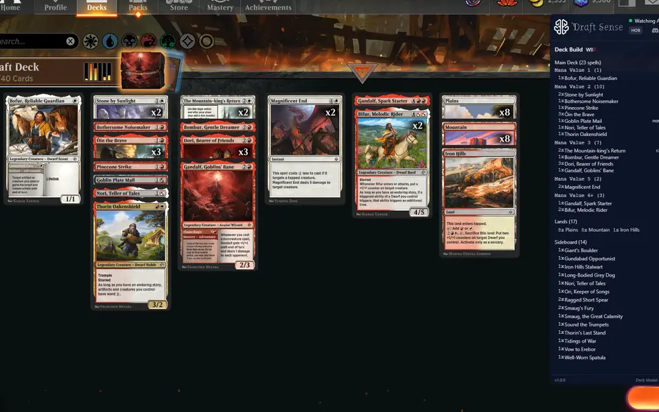 A finished 40-card deck laid out in Arena beside Draft Sense's main deck, lands, and sideboard
